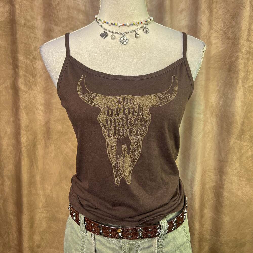 Y2K Boho Western Cami Tank Top Devil Makes Three Bull Skull Brown Festival Biker